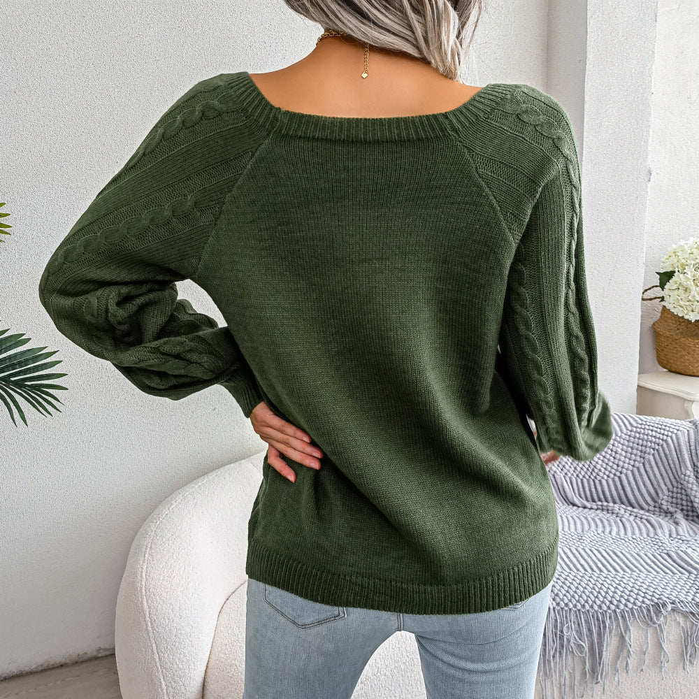 Autumn and Winter Casual Square Collar Decorative Button Twist Knitted Pullover Sweater for Women