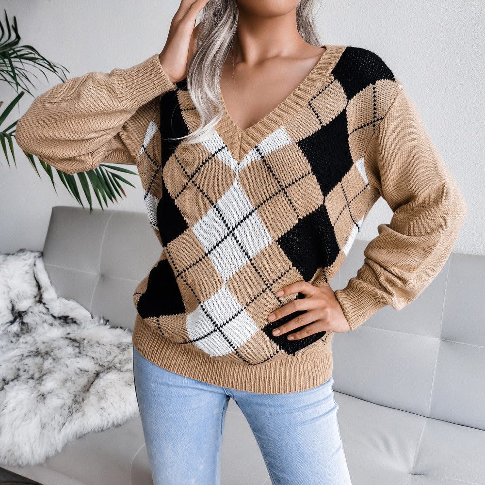 Autumn and Winter College Style Diamond Plaid Long-sleeved V-neck Casual Sweater for Women