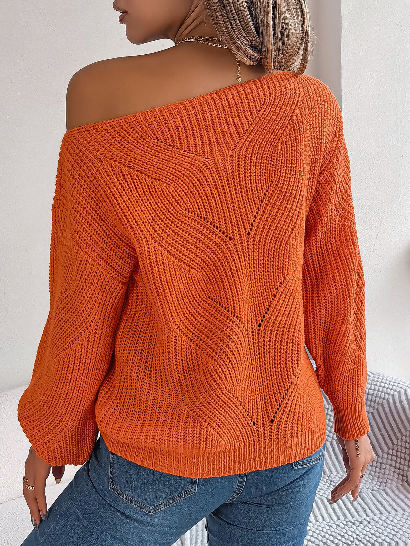 Autumn and Winter Casual Hollowed-out Off-shoulder Lantern Long-sleeved Sweater for Women