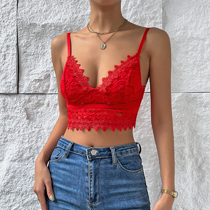 Solid Color Sexy Lace Deep V Strappy Short Vest Women Top