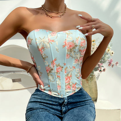 Sexy Hot Girl Low-cut Printed Flower Wrap Top Women Bustier