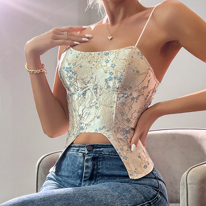 Hot Girl Irregular Hollow Suspender Sexy Navel-Baring Embroidered Short Top Women Bustier