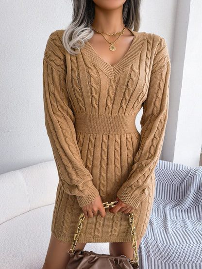 Autumn and Winter Fashionable Waist-hugging Twisted Hip-wrapped Long-sleeved Sweater Dress for Women