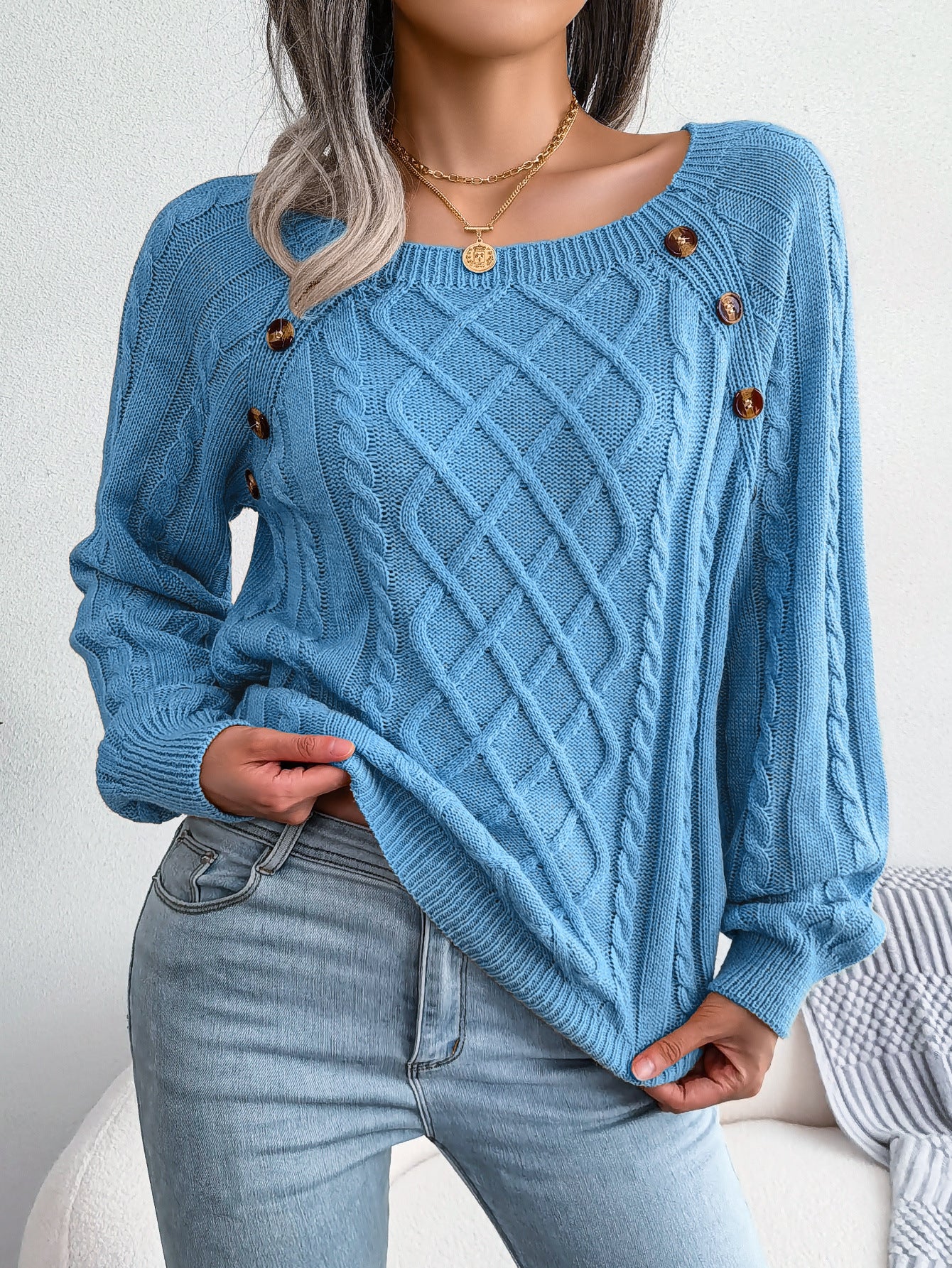 Autumn and Winter Casual Square Collar Decorative Button Twist Knitted Pullover Sweater for Women