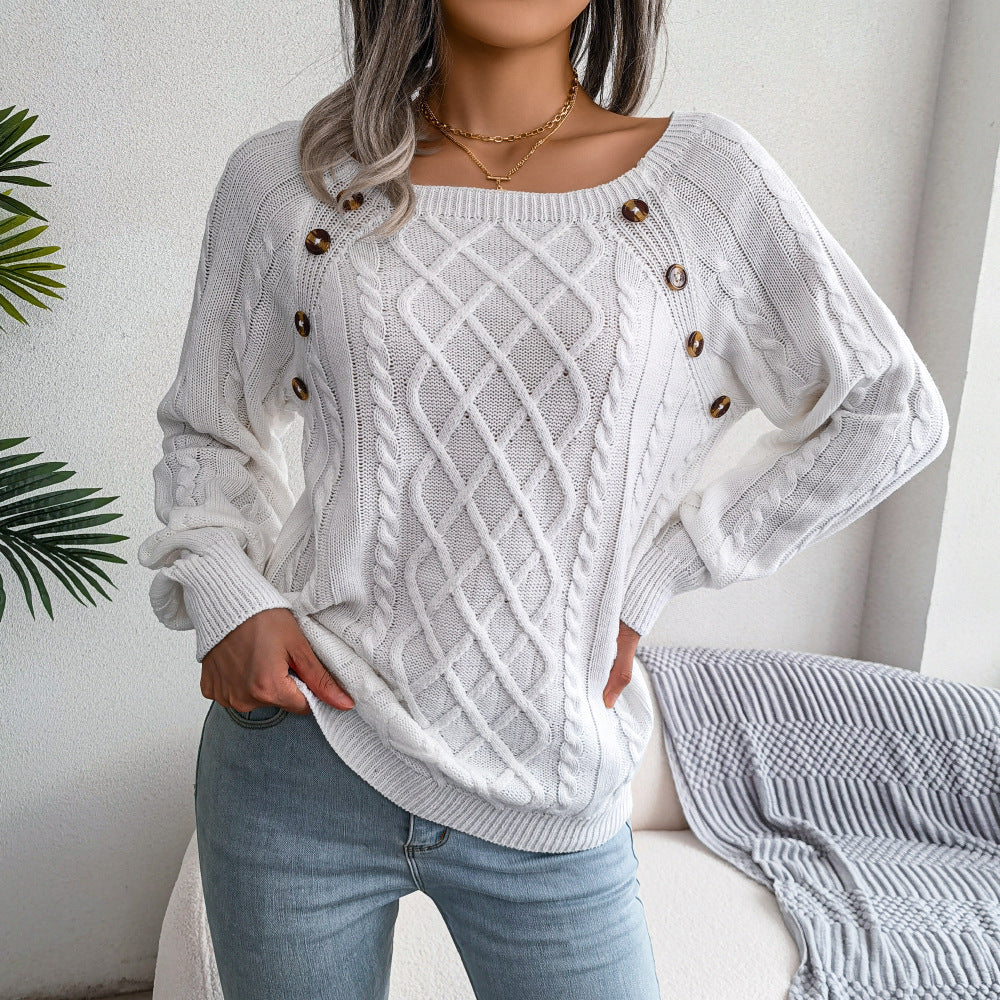 Autumn and Winter Casual Square Collar Decorative Button Twist Knitted Pullover Sweater for Women