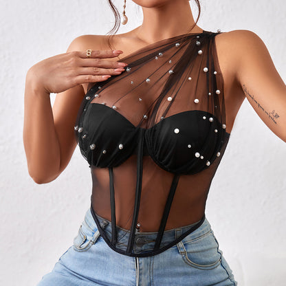 Hot Girl Pearl Embellished See-through Mesh Bustier Body-hugging Top Bustier For Women