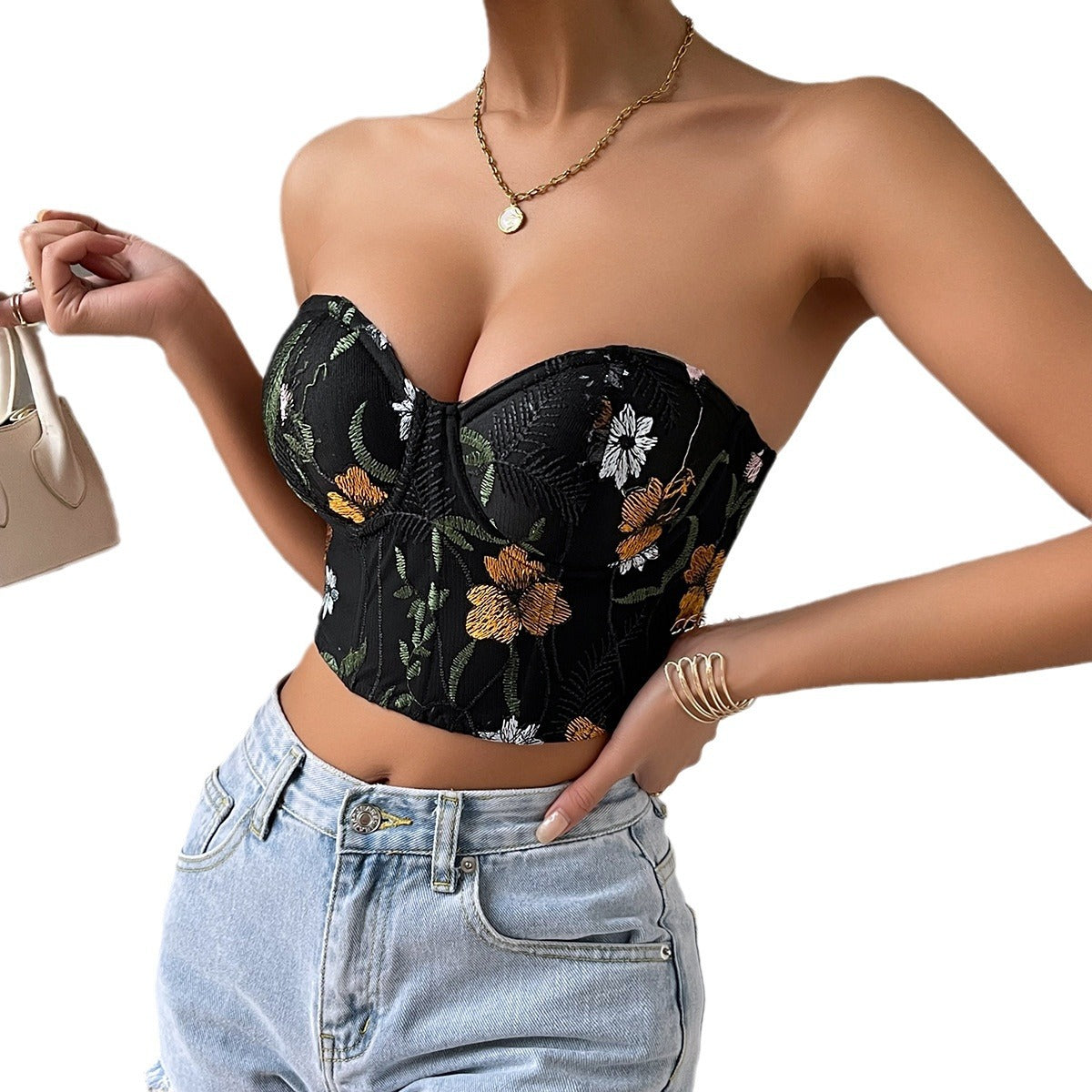 Sexy Low-cut Navel-baring Embroidered Crop Top Bustier for Women