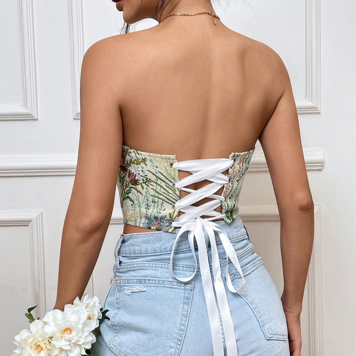 Bustier haut à sangle de poitrine imprimé rétro pour femme 