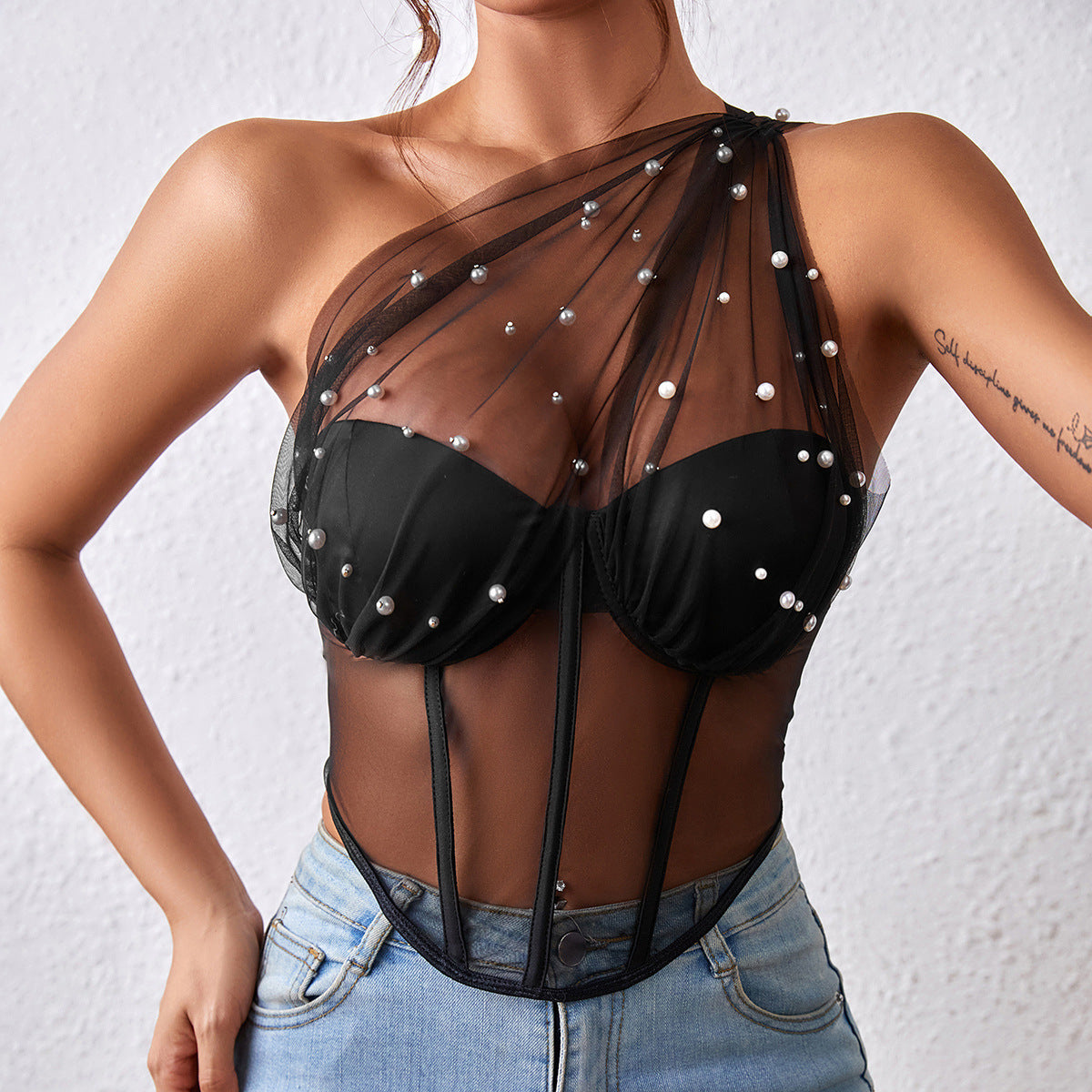 Hot Girl Pearl Embellished See-through Mesh Bustier Body-hugging Top Bustier For Women