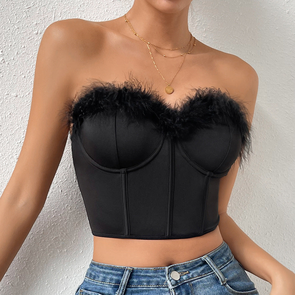 Women's Sexy Low Cut Short Feather Top Bustier