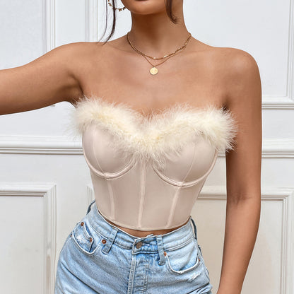 Women's Sexy Low Cut Short Feather Top Bustier