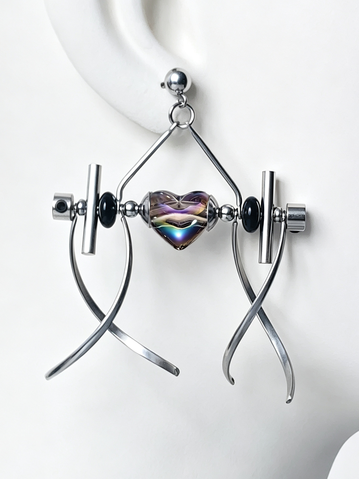 Punk Handmade Stainless Steel Earring, Holographic Transparent gray Heart UV Bead Gothic Dangle Drop Earring Jewelry