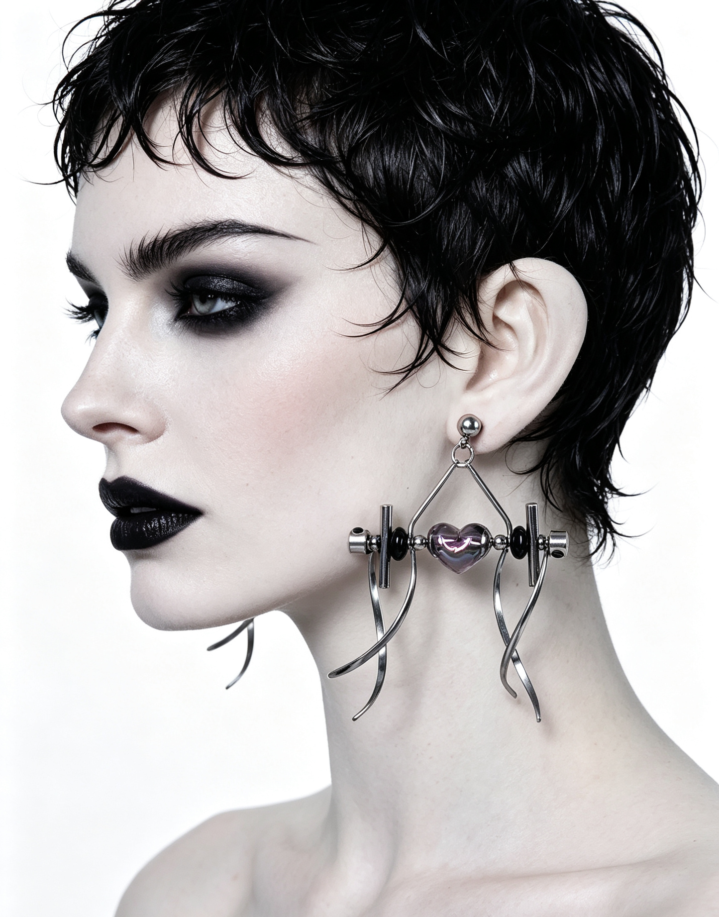 Punk Handmade Stainless Steel Earring, Holographic Transparent gray Heart UV Bead Gothic Dangle Drop Earring Jewelry
