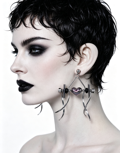 Punk Handmade Stainless Steel Earring, Holographic Transparent gray Heart UV Bead Gothic Dangle Drop Earring Jewelry