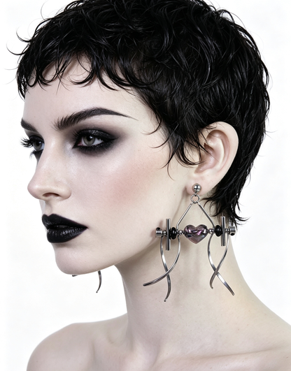Punk Handmade Stainless Steel Earring, Holographic Transparent gray Heart UV Bead Gothic Dangle Drop Earring Jewelry