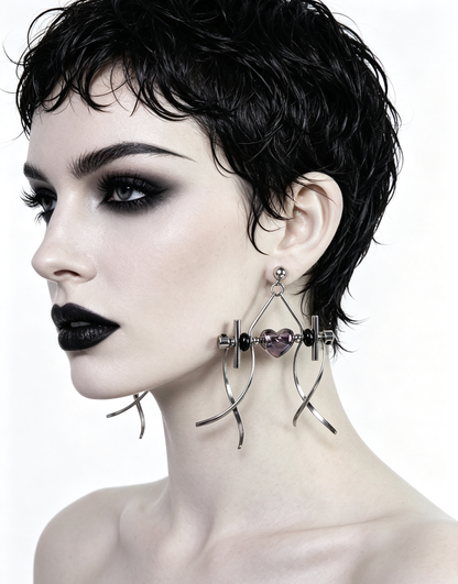 Punk Handmade Stainless Steel Earring, Holographic Transparent gray Heart UV Bead Gothic Dangle Drop Earring Jewelry
