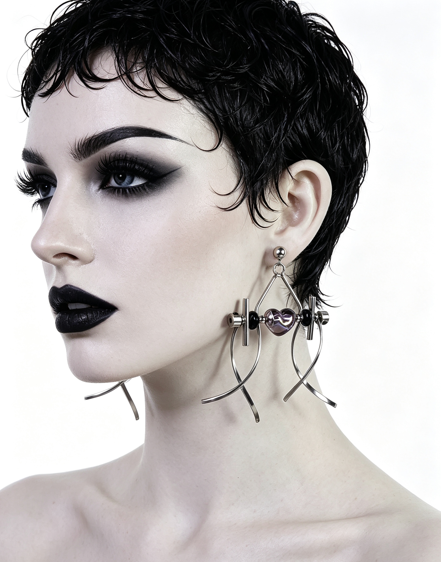 Punk Handmade Stainless Steel Earring, Holographic Transparent gray Heart UV Bead Gothic Dangle Drop Earring Jewelry