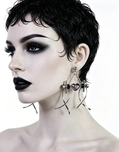 Punk Handmade Stainless Steel Earring, Holographic Transparent gray Heart UV Bead Gothic Dangle Drop Earring Jewelry