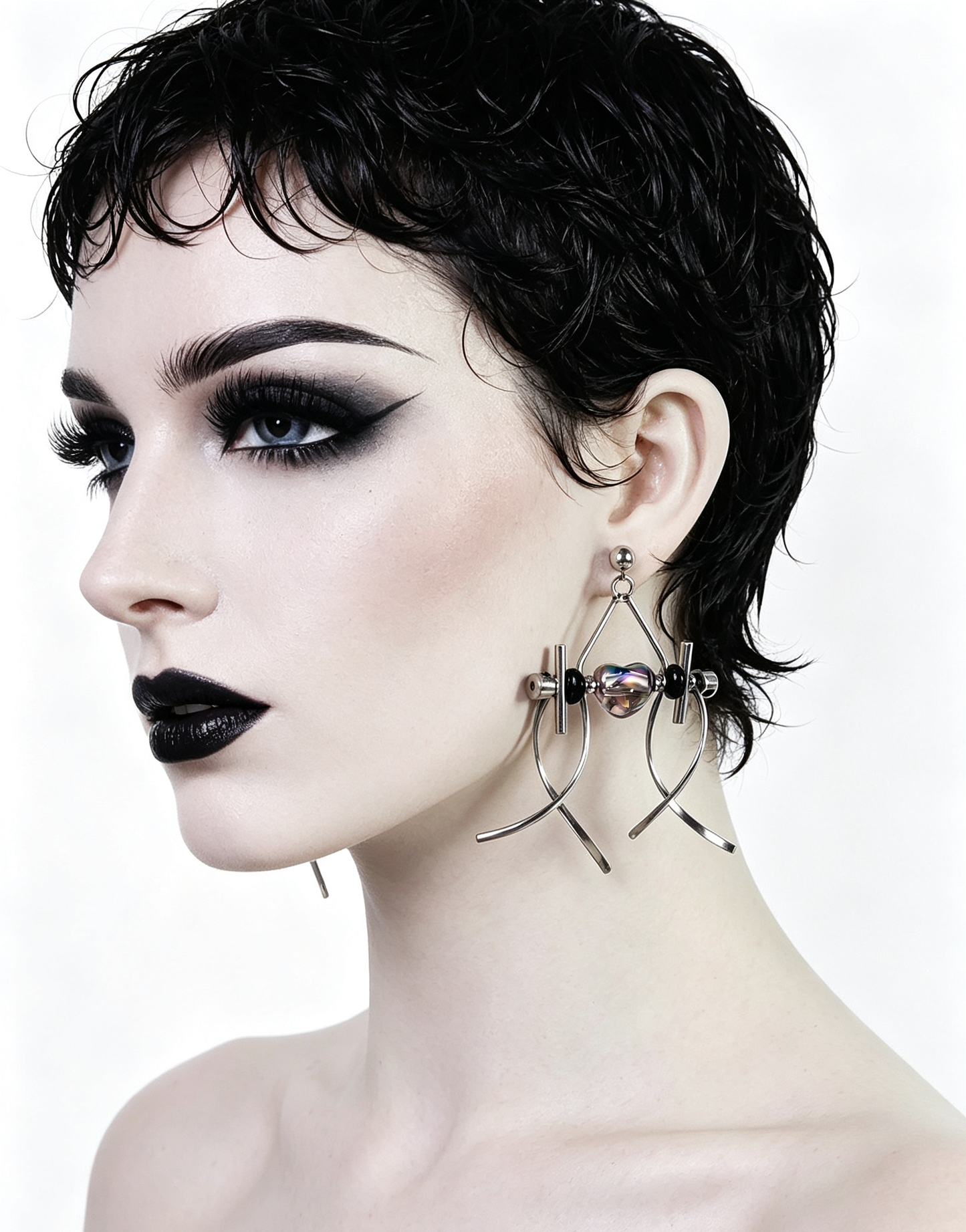 Punk Handmade Stainless Steel Earring, Holographic Transparent gray Heart UV Bead Gothic Dangle Drop Earring Jewelry