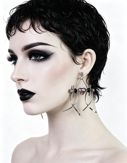 Punk Handmade Stainless Steel Earring, Holographic Transparent gray Heart UV Bead Gothic Dangle Drop Earring Jewelry
