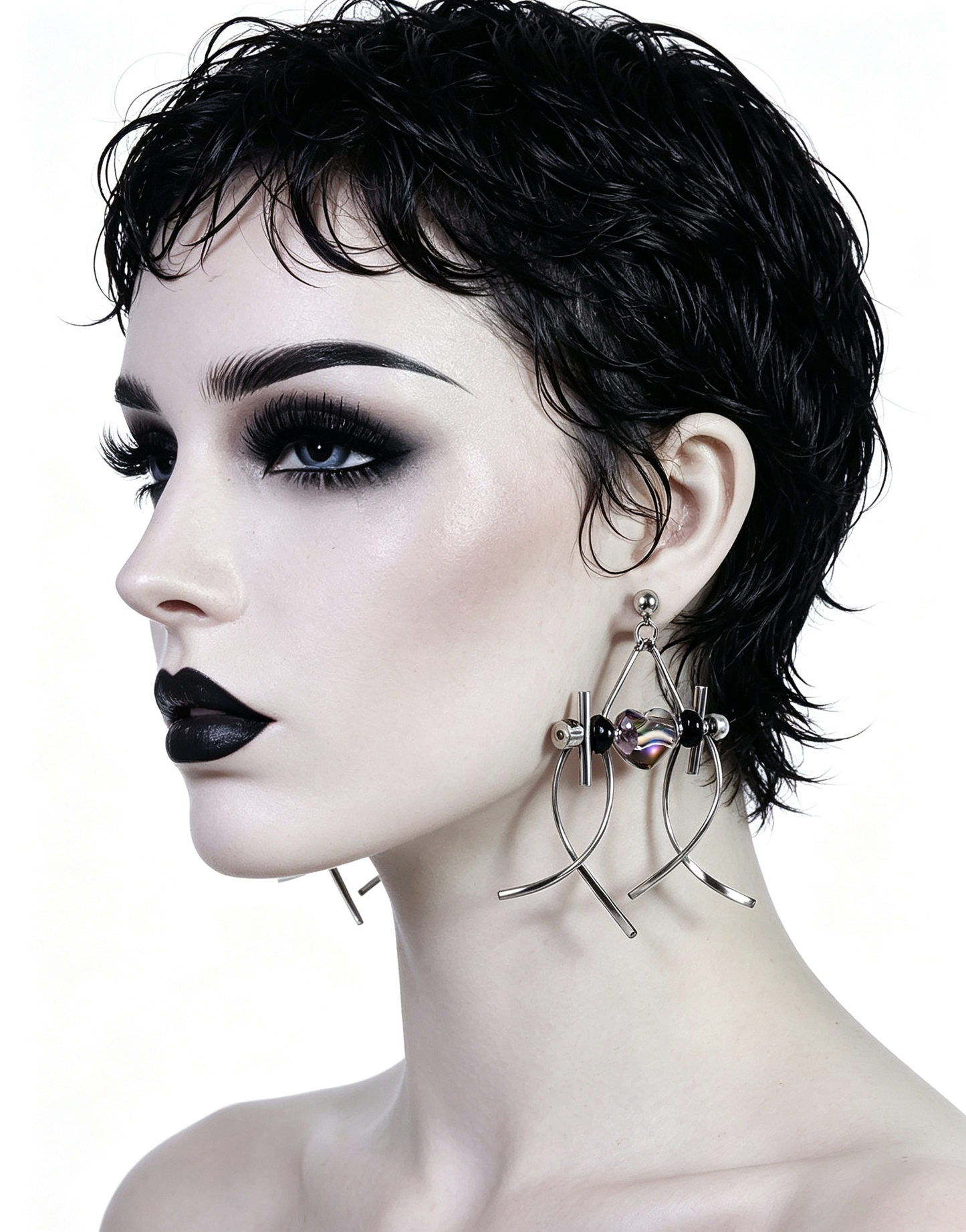 Punk Handmade Stainless Steel Earring, Holographic Transparent gray Heart UV Bead Gothic Dangle Drop Earring Jewelry