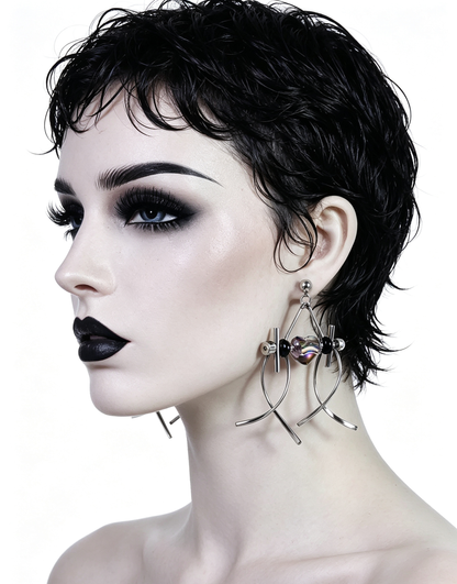 Punk Handmade Stainless Steel Earring, Holographic Transparent gray Heart UV Bead Gothic Dangle Drop Earring Jewelry