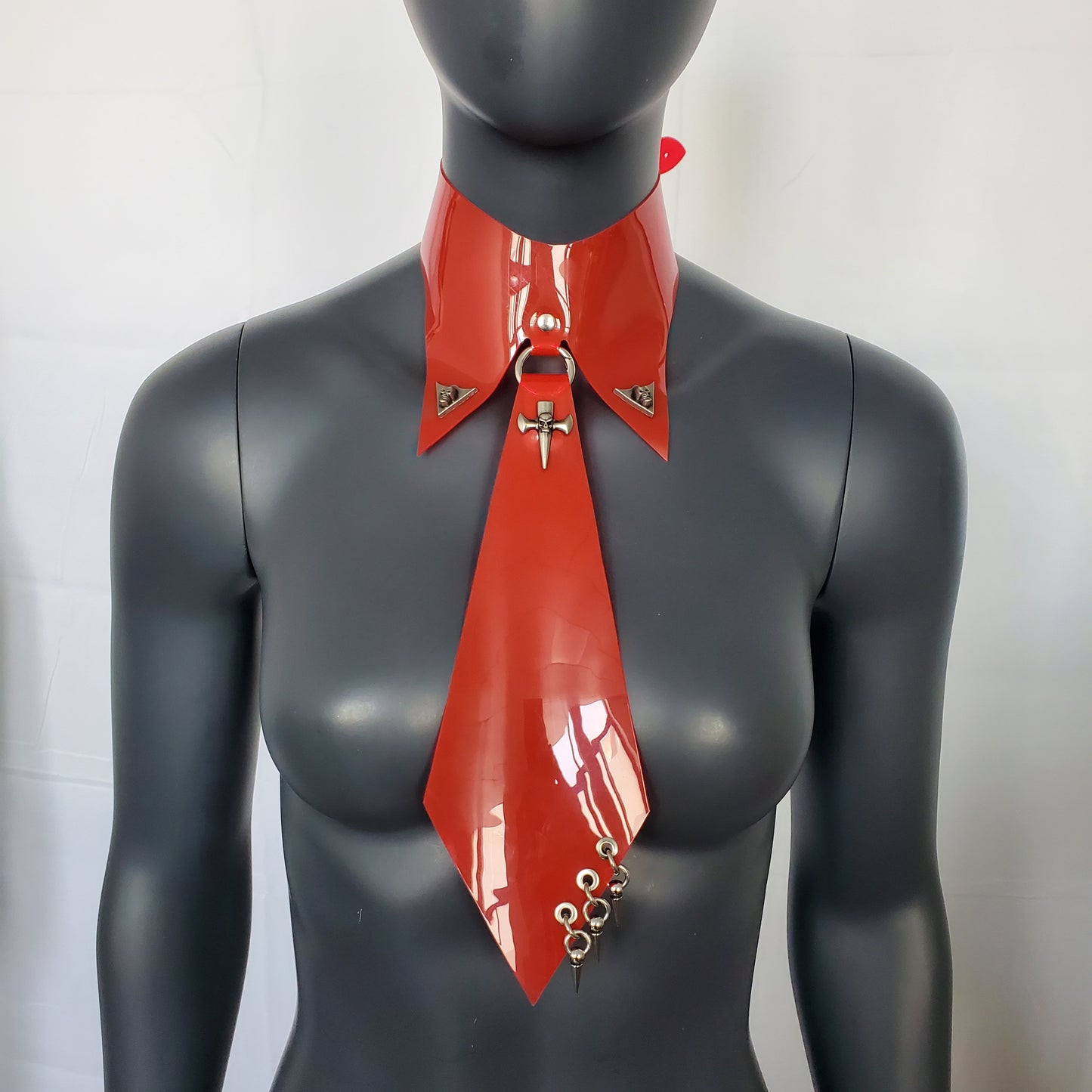 Women Punk Skull Rivet Spike Tie, Cosplay Student Necktie, Red PVC Necktie, Gothic Necktie