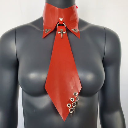 Women Punk Skull Rivet Spike Tie, Cosplay Student Necktie, Red PVC Necktie, Gothic Necktie