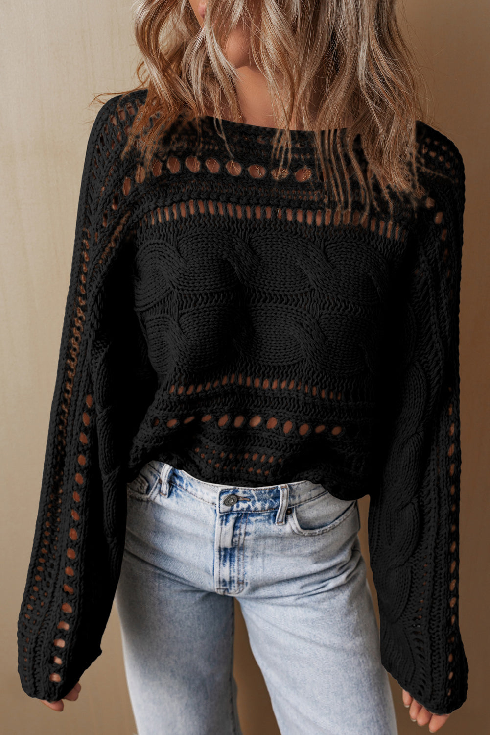 Black Hollow-out Cable Knit Cropped Sweater Top for Women