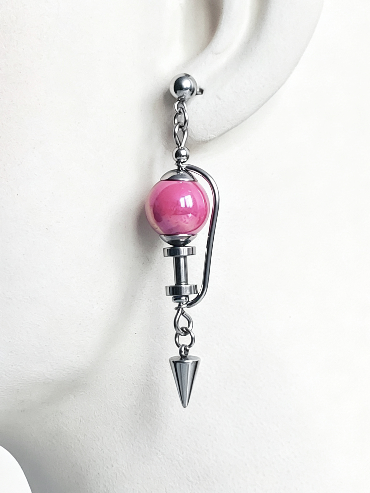 Handmade Stainless Steel Dangle Earring, Hot‑Pink Round UV‑Bead Spiked Punk Gothic Drop Earring Jewelry for man