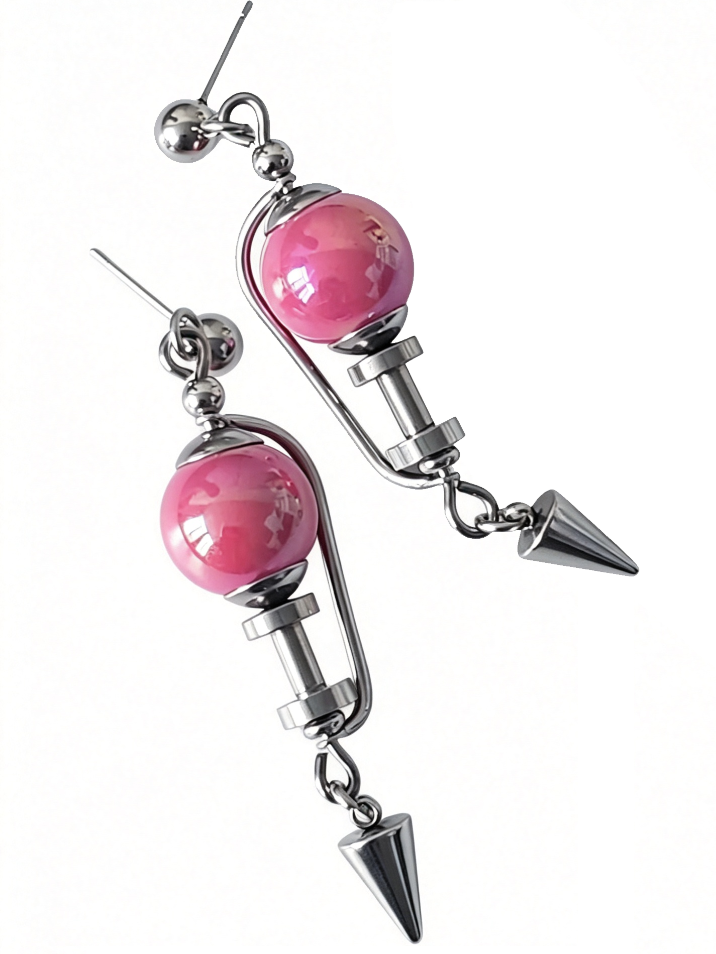 Handmade Stainless Steel Dangle Earring, Hot‑Pink Round UV‑Bead Spiked Punk Gothic Drop Earring Jewelry for man