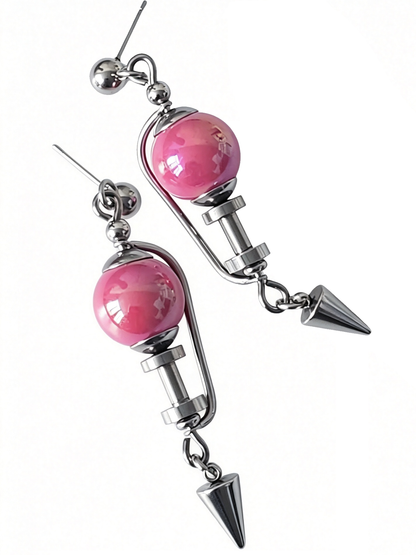 Handmade Stainless Steel Dangle Earring, Hot‑Pink Round UV‑Bead Spiked Punk Gothic Drop Earring Jewelry for man
