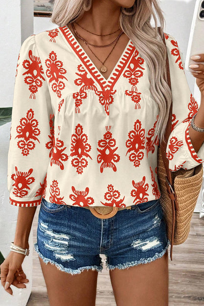 Orange Vintage Geometric Printed 3/4 Sleeve V Neck Blouse