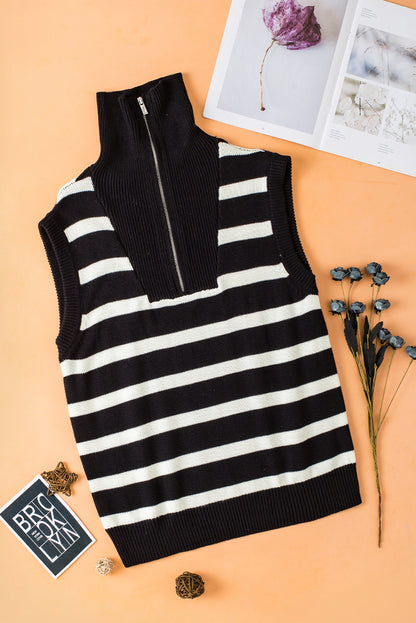 Black Stripe Zipped Collar Knit Sweater Tank Top for Women