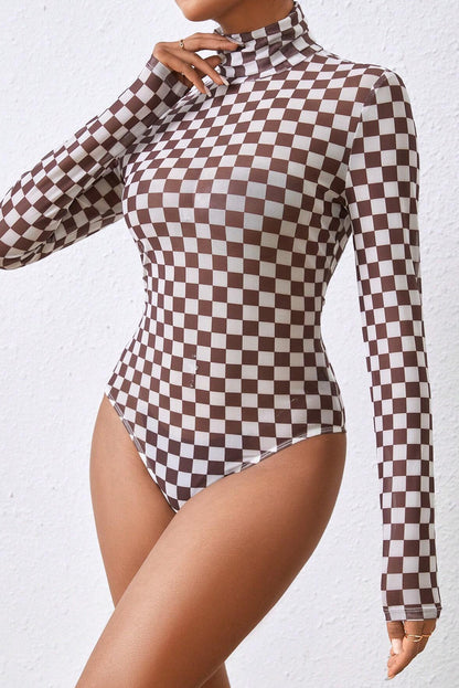 Brown Checkered Printed Long Sleeve High Neck Bodysuit