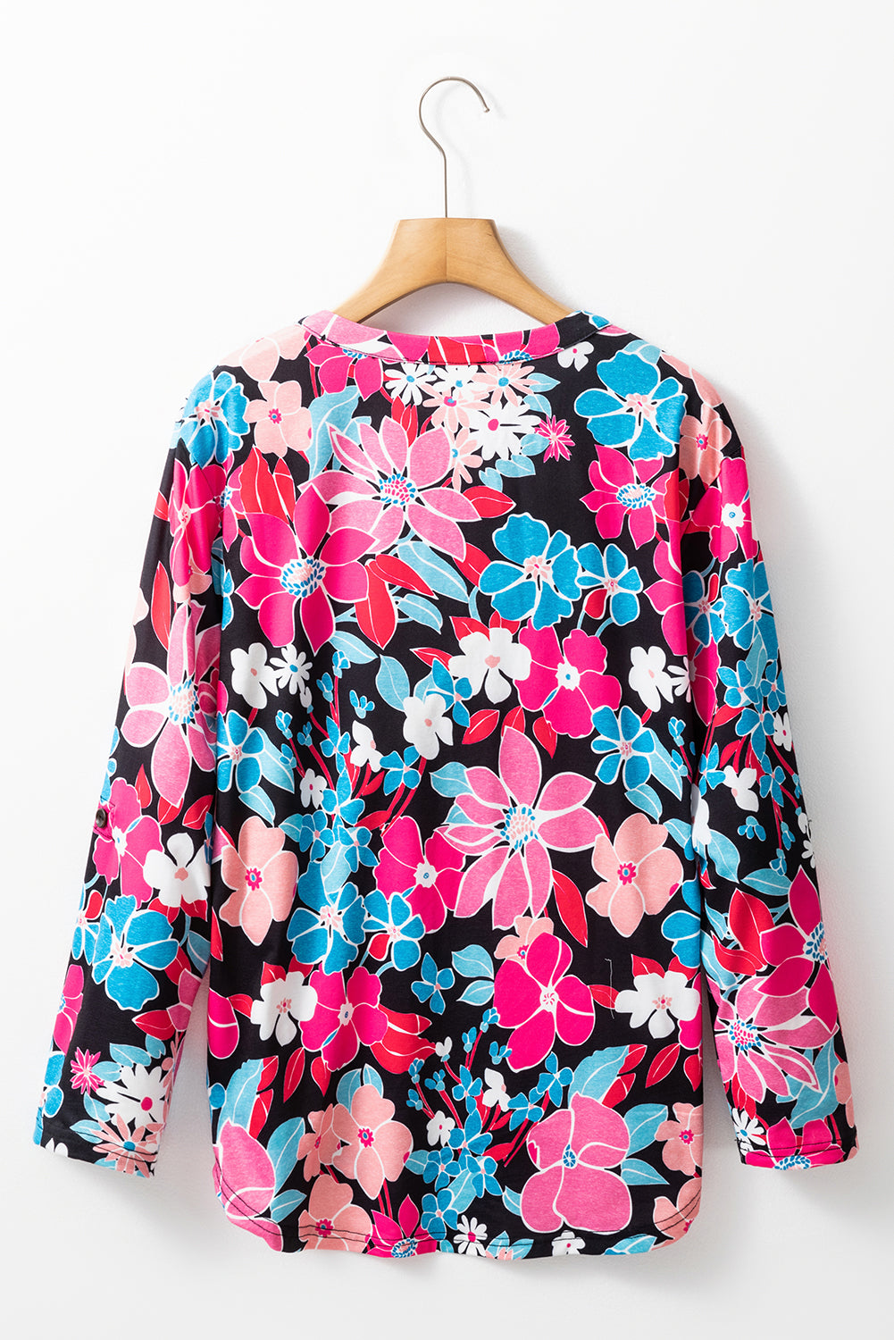 Pink Floral V Neck Roll Tab Sleeve Blouse  Top of Women