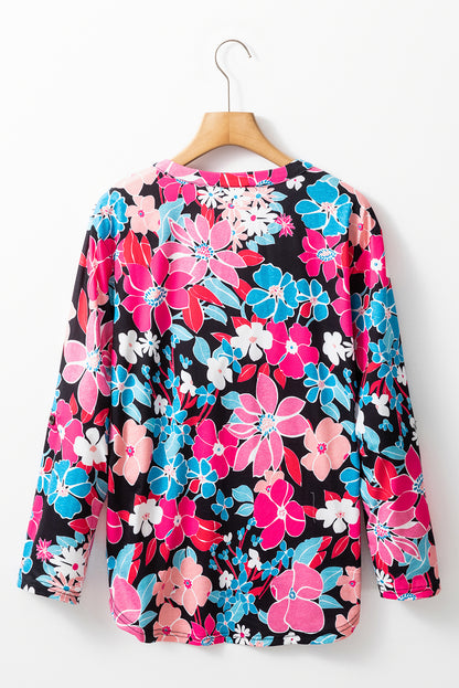 Pink Floral V Neck Roll Tab Sleeve Blouse  Top of Women