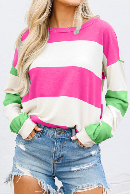 Light Blue Colorblock Striped Drop Shoulder Long Sleeve Top