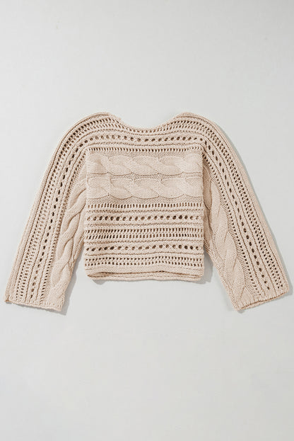 Black Hollow-out Cable Knit Cropped Sweater Top for Women