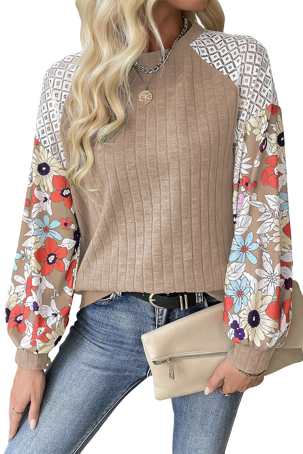 Black Floral Patchwork Long Sleeve Ribbed Blouse Top of Women