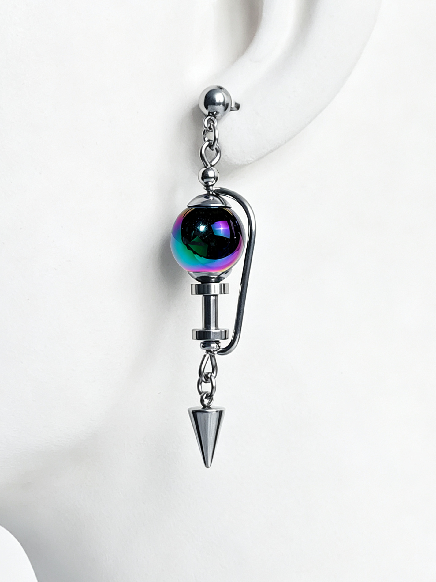 Handmade Stainless Steel Dangle Earring, Iridescent Black UV Bead Spike Drop Punk Earring Jewelry for Man