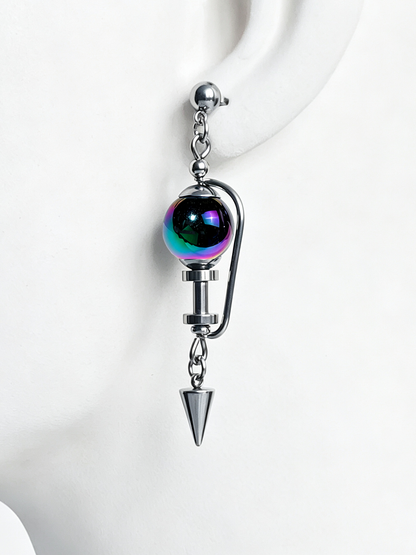 Handmade Stainless Steel Dangle Earring, Iridescent Black UV Bead Spike Drop Punk Earring Jewelry for Man