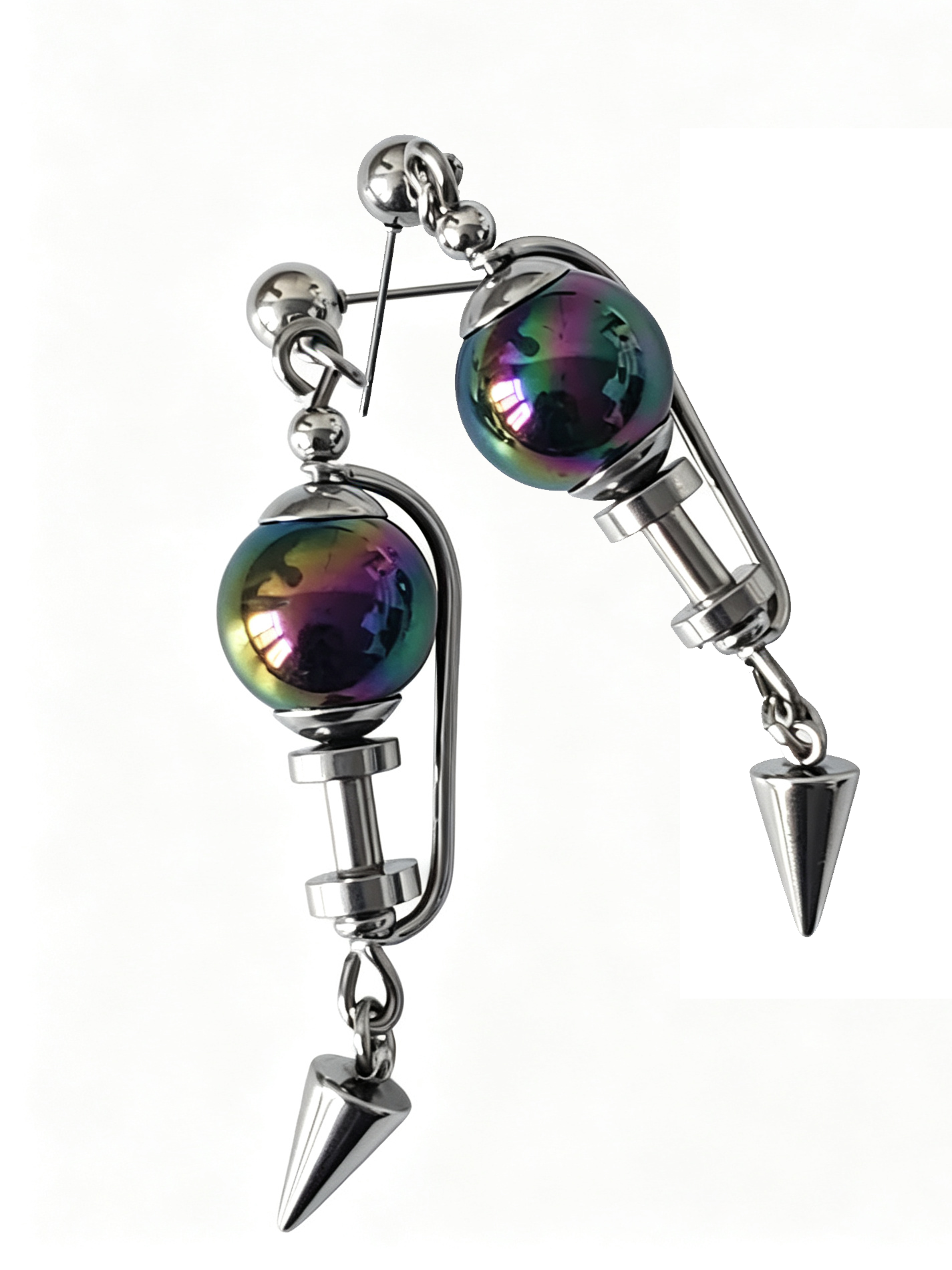 Handmade Stainless Steel Dangle Earring, Iridescent Black UV Bead Spike Drop Punk Earring Jewelry for Man