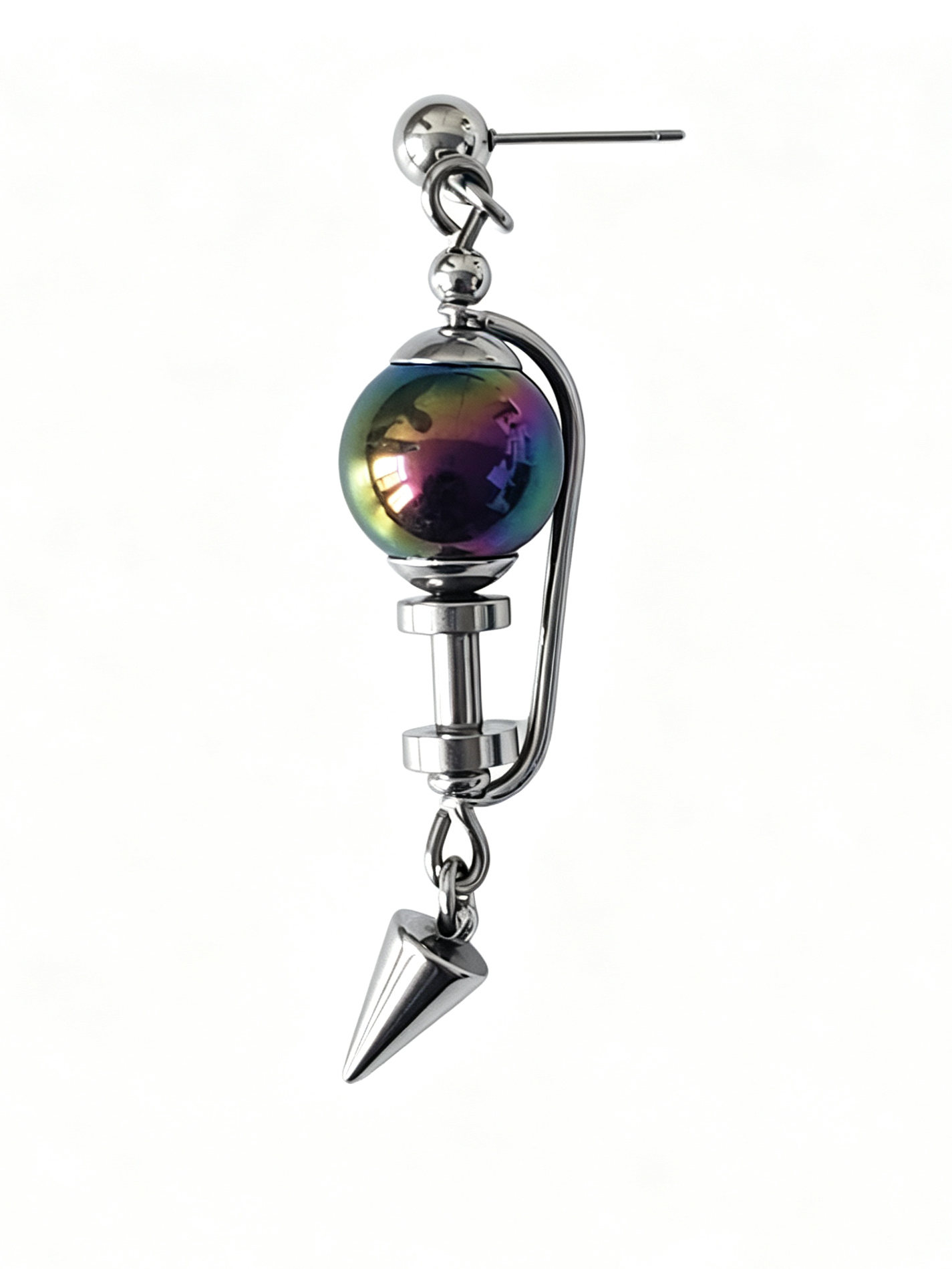 Handmade Stainless Steel Dangle Earring, Iridescent Black UV Bead Spike Drop Punk Earring Jewelry for Man