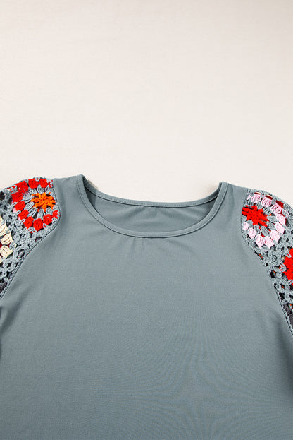 Medium Grey Floral Crochet Short Sleeve Top Tee T-shirt