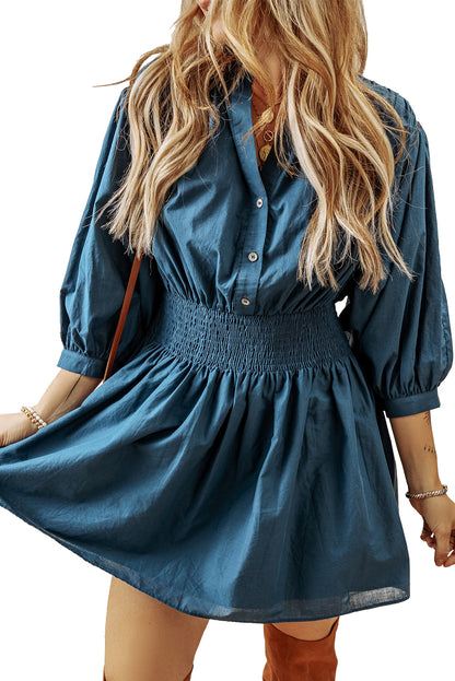 Prussian Blue 3/4 Sleeve Shirred High Waist Buttoned Mini Dress for Women