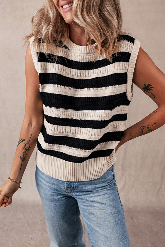 Black Stripe Ribbed Trim Knitted Sweater Vest Top for Women