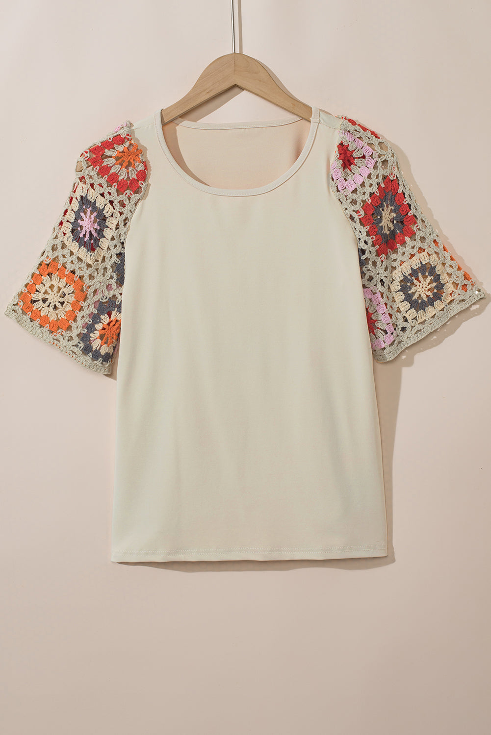 Medium Grey Floral Crochet Short Sleeve Top Tee T-shirt