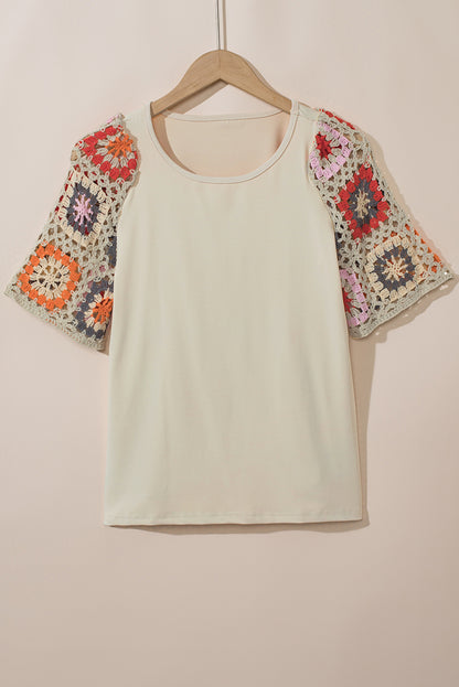 Medium Grey Floral Crochet Short Sleeve Top Tee T-shirt