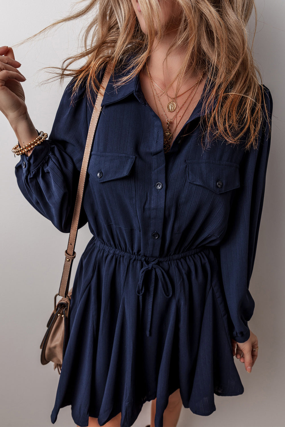 Navy Blue Solid Chest Pockets Tunic Shirt Mini Dress for Women